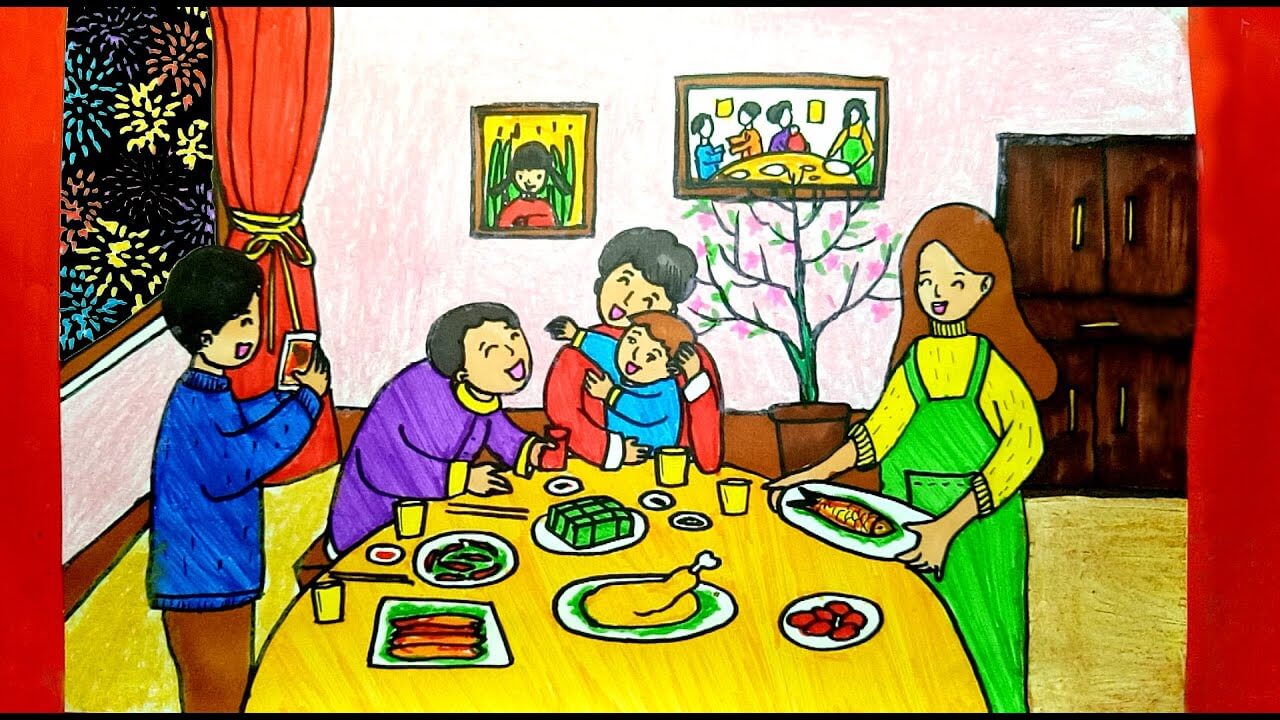 Khám phá ý tưởng vẽ tranh đề tài gia đình ngày tết ấm áp